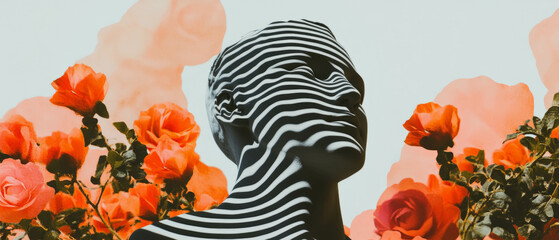 Poster - Minimalist collage combining geometric shapes and floral elements with a statue silhouette