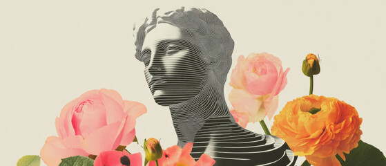 Aufkleber - Minimalist collage featuring interwoven statue form and vibrant floral elements on white background