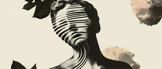 Poster - Collage of geometric shapes and flowers with a black-and-white statue cutout
