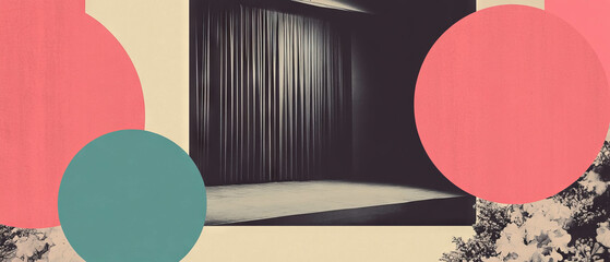 Poster - Minimalist collage featuring a closed stage with geometric shapes and floral elements
