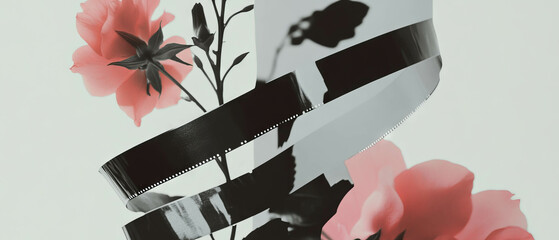 Poster - Collage of geometric shapes and floral elements with a film strip on a minimalist background
