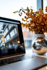 Aufkleber - Remote Work Huddle Sleek Laptop with Interactive Virtual Sticky Notes in a Sunlit Workspace - Enhancing Cross-Cultural Collaboration and Digital Innovation in Modern Business