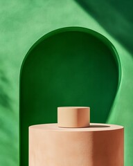 Poster - Contemporary Minimalist Display Terracotta Cylinders Against Emerald Green Backdrop - Art Installation for Modern Interior Design and Visual Merchandising Concepts