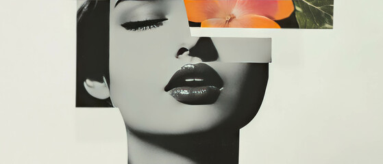 Poster - Minimalist collage combining geometric shapes and floral elements with a close-up frown expression