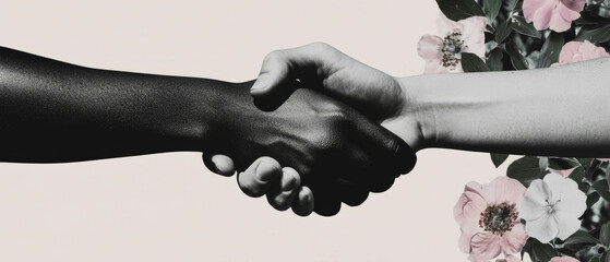 Aufkleber - Minimalist collage depicting agreement through handshakes and floral elements in business context