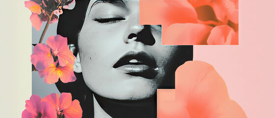 Aufkleber - Minimalist collage combining geometric shapes and floral elements with a close-up expression