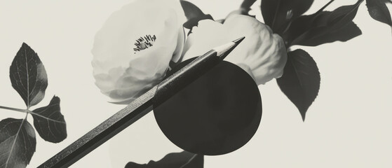 Aufkleber - Minimalist collage featuring charcoal pencil and floral elements on a white background