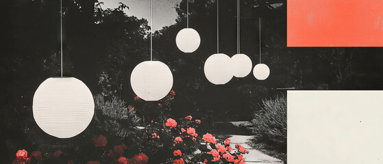 Aufkleber - Minimalist collage featuring lanterns and floral elements in a serene garden setting