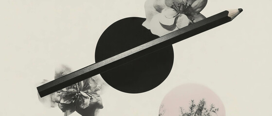 Poster - Minimalist collage featuring geometric shapes and a charcoal pencil on a white background