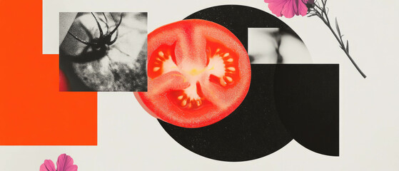 Poster - Minimalist collage featuring a sliced tomato amidst floral geometric shapes