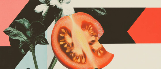 Poster - Colorful minimalist collage featuring sliced tomato and floral elements on a white background