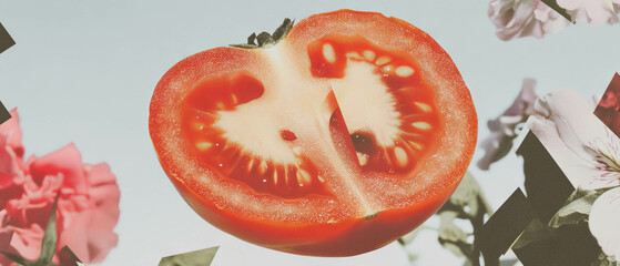 Aufkleber - Minimalist collage of sliced tomato on a white background with floral elements