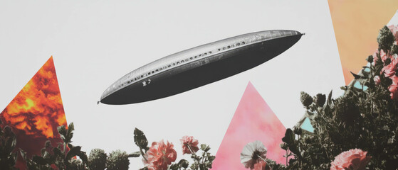 Poster - Minimalist collage featuring geometric shapes and a zeppelin with floral accents