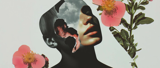 Poster - Exploring emotions through minimalist collage of melting face and floral elements