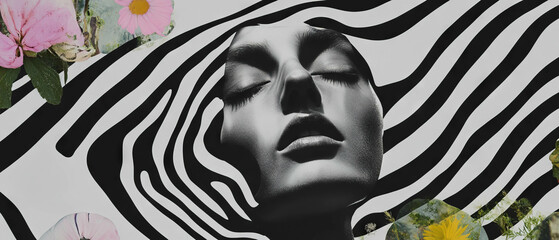 Poster - Minimalist collage featuring a melting face and floral geometric shapes on white background