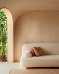 Aufkleber - Minimalist Eco-Living Warm Wood-Clad Container Home Interior with Plush Sofa and Garden View - Modern Sustainable Spaces and Green Living Design