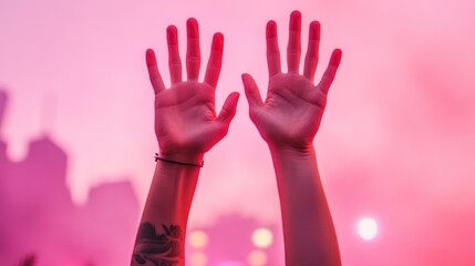 Poster - Vibrant Concert Aesthetic Hands in Air with Smoky Pink Sky - Interactive Music Event Imagery for Festival Promotions and Cultural Collective Experience