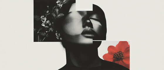 Poster - Melting face collage with geometric shapes and floral elements on a minimalistic backdrop