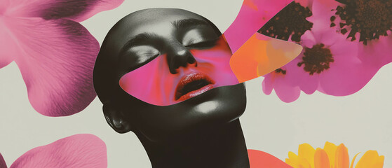 Aufkleber - Minimalist collage featuring a melting face with geometric shapes and floral elements