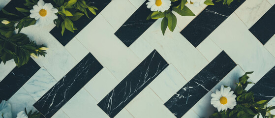 Poster - Minimalist collage featuring geometric tile and floral accents on a white background