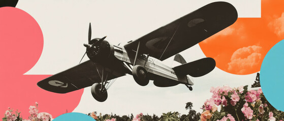 Poster - Minimalist collage featuring a vintage biplane with geometric shapes and floral elements