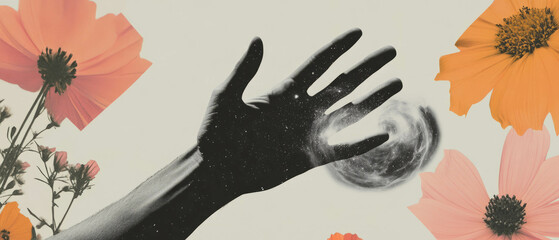 Poster - Minimalist collage of a hand reaching for a nebula with floral elements on a white background
