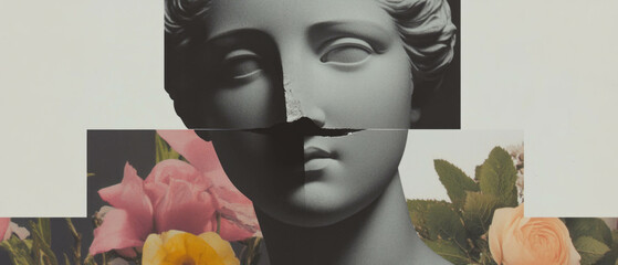 Aufkleber - Minimalist collage featuring a close-up of a broken statue's nose and floral elements