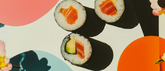 Poster - Minimalist collage blending sushi rolls with geometric shapes and floral elements