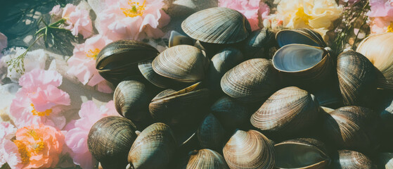 Aufkleber - Geometric minimalist collage featuring clams and floral elements on white background