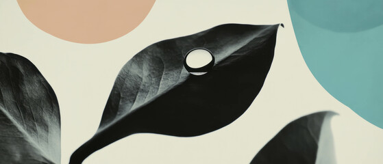 Poster - Unique minimalist collage featuring water droplet on leaf with geometric shapes and floral elements