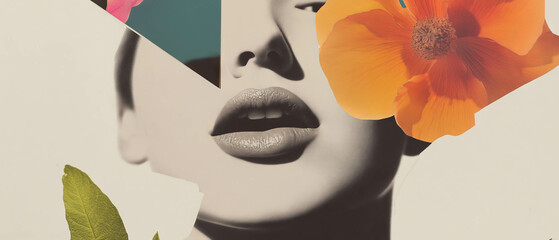 Aufkleber - Minimalist collage featuring geometric shapes and floral elements with a close-up mouth focus