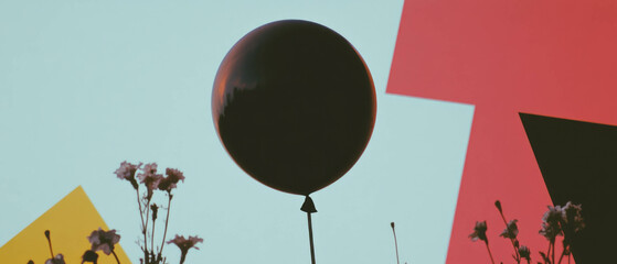 Aufkleber - Minimalist collage featuring a deflated balloon surrounded by geometric shapes and flowers
