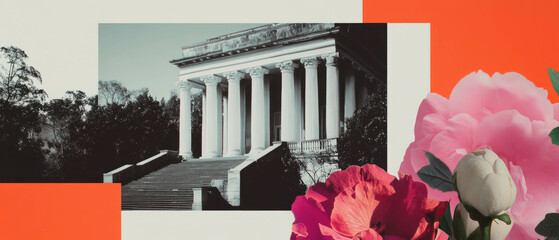 Poster - Minimalist collage of geometric shapes and flowers showcasing grand museum architecture