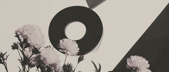 Poster - Minimalist collage features geometric shapes and flowers with a roll of masking tape