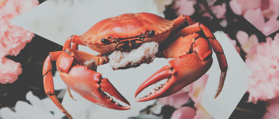 Poster - Creative collage with geometric shapes and a detailed crab centerpiece on a floral backdrop