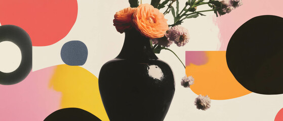 Aufkleber - Minimalist collage showcasing a hand-painted floral vase with geometric shapes