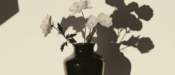 Poster - Minimalist collage of a ceramic vase with hand-painted flowers on a white background