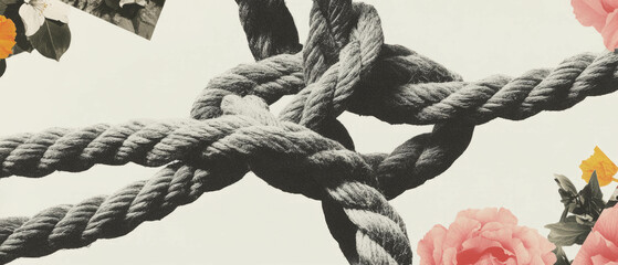 Aufkleber - Minimalist collage showcasing intertwined rope with floral accents on a clean white background