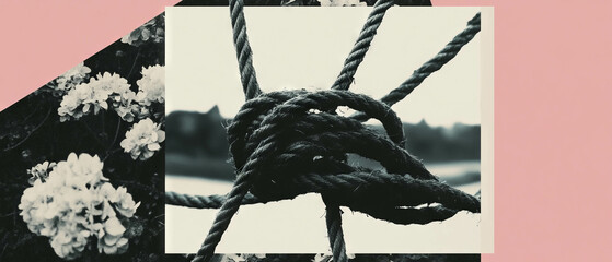 Poster - Minimalist collage featuring intertwined rope and floral background in a geometric layout