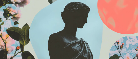 Poster - Minimalist geometric collage featuring a statue silhouette and floral elements on white background