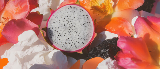 Aufkleber - Minimalist collage of dragon fruit and vibrant floral elements against a white backdrop