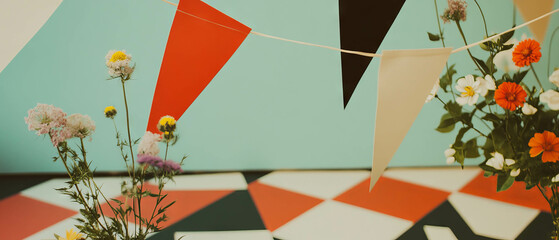 Aufkleber - Minimalist collage with colorful flags and floral elements on a white background