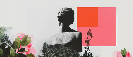 Aufkleber - Minimalist collage blending geometric shapes and botanical elements with a statue's overgrown base