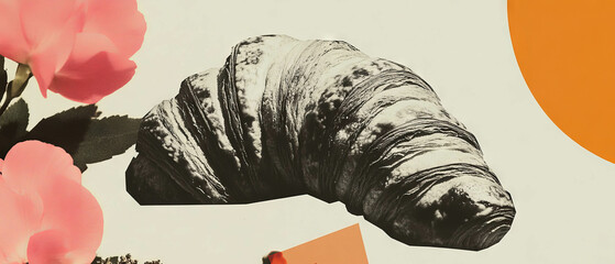 Aufkleber - Minimalist collage featuring a croissant with floral elements on a clean background