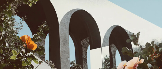 Poster - Minimalist collage of a bridge featuring arches and flowers against a white background