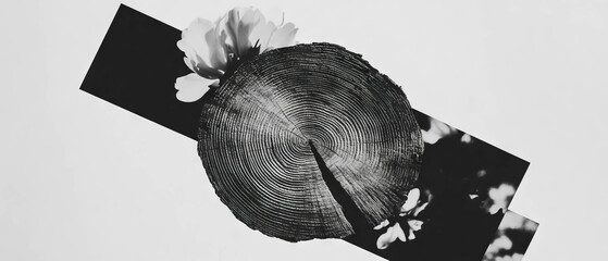 Aufkleber - Minimalist collage combining geometric shapes and floral elements with tree bark texture