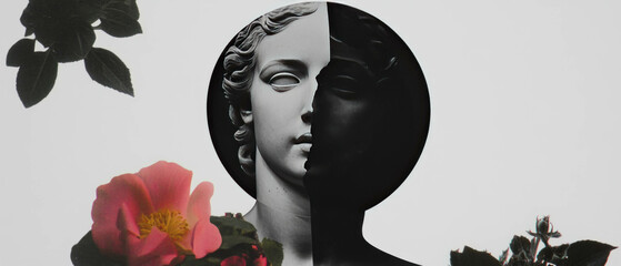 Poster - Minimalist collage featuring geometric shapes and floral elements with a statue's face