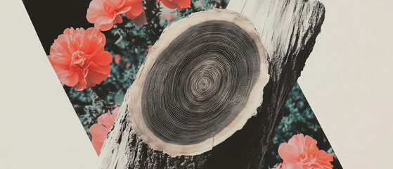 Aufkleber - Minimalist collage featuring geometric shapes and tree bark with floral accents on white background