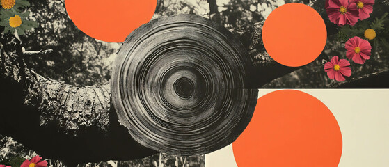 Poster - Minimalist collage featuring tree bark and geometric shapes against a white background