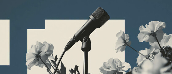 Aufkleber - Minimalist collage showcases microphone and geometric shapes with floral accents